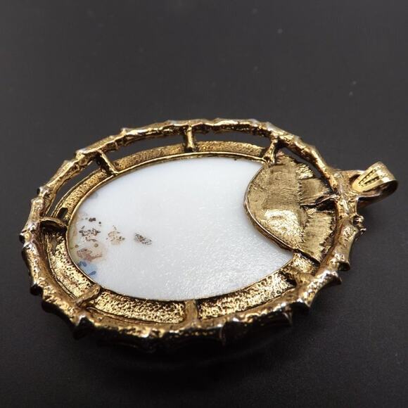 Vintage Floral Porcelain Oval Pendant, Bamboo Design Frame, No Chain, 2 3/8 Inch - Picture 5 of 10